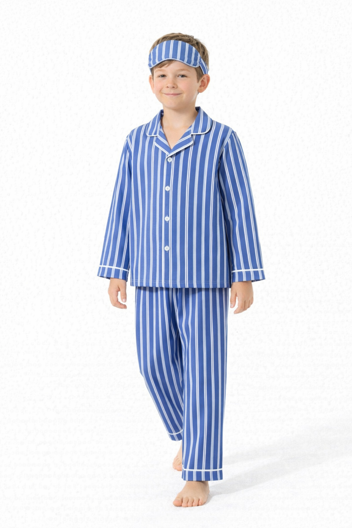 Beka Kids Erkek Çocuk Biye Detaylı Önden Düğmeli Devrik Yaka Mavi Çizgili Pijama Takımı - Göz Bantlı fotoğrafı 3 (önizleme)