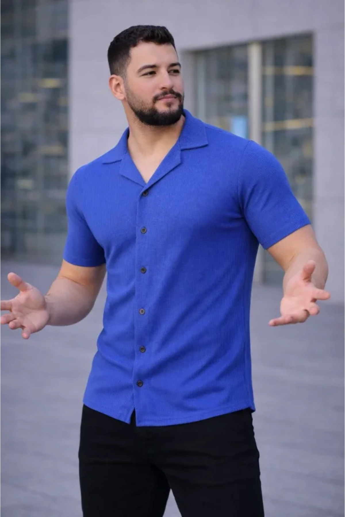 GETFAY Erkek Waffle Kumaş Kısa Kollu Düğmeli Açık Yaka Regular Fit Gömlek-Saks Mavisi fotoğrafı 3 (önizleme)
