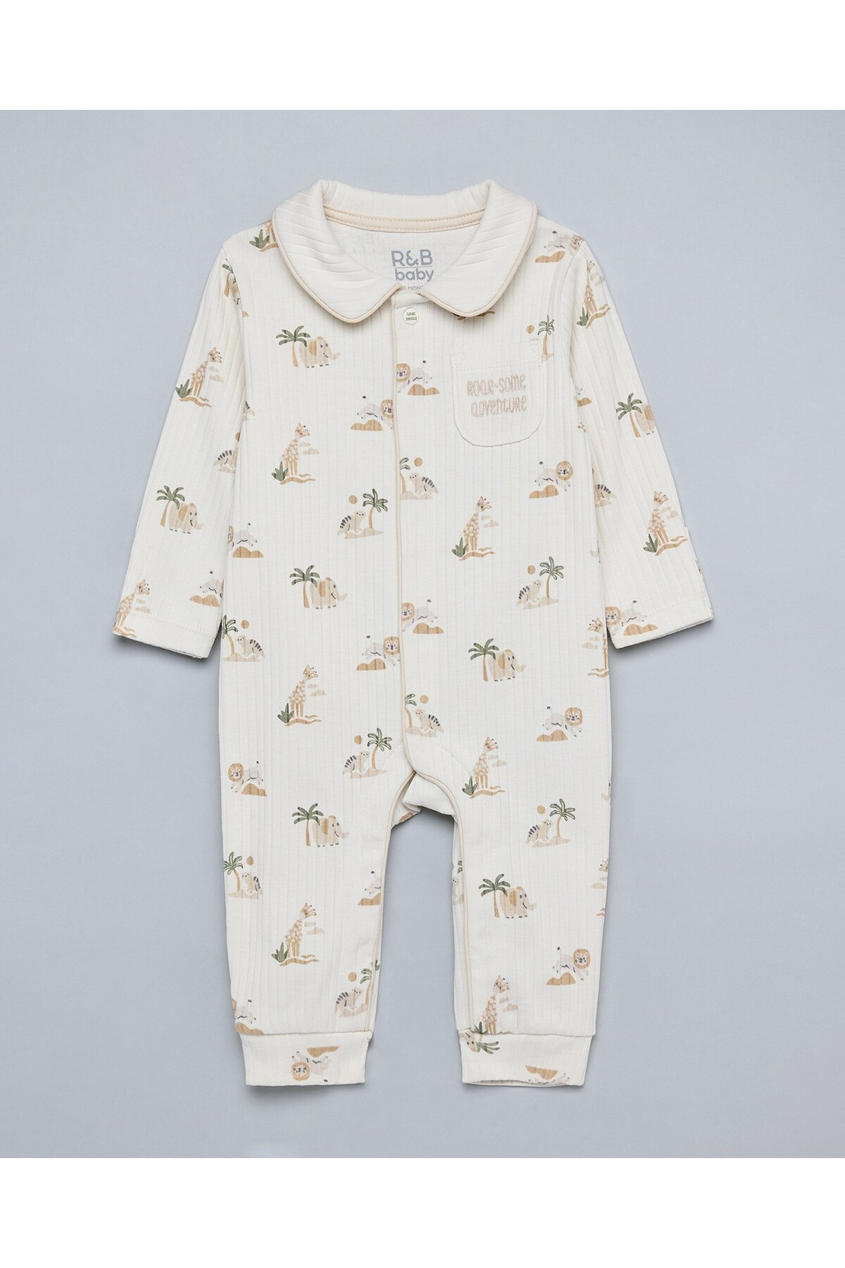 R&B Printed Sleepsuit with Collar and Long Sleeves