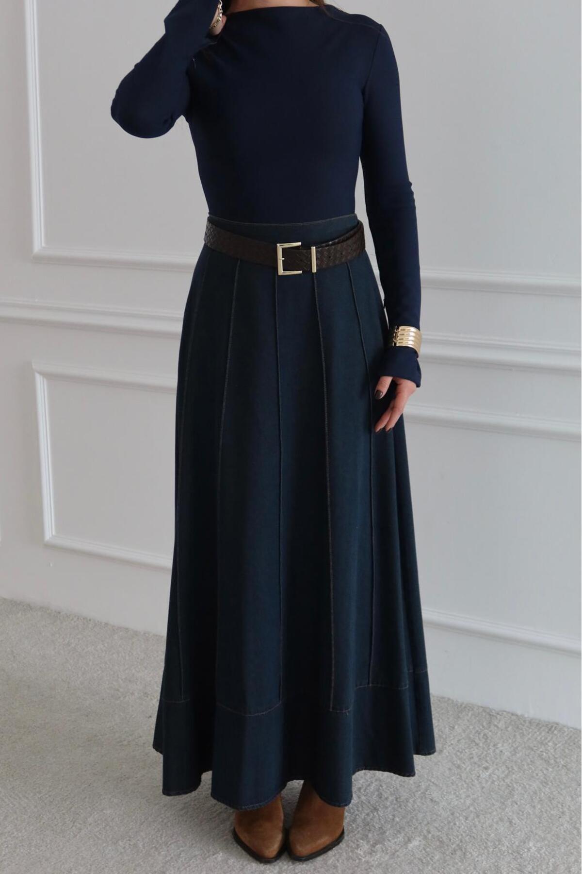 RUVA BUTİK  ÇIMA DETAYLI BELİ LASTİKLİ DENİM KOT ETEK - Görsel 4