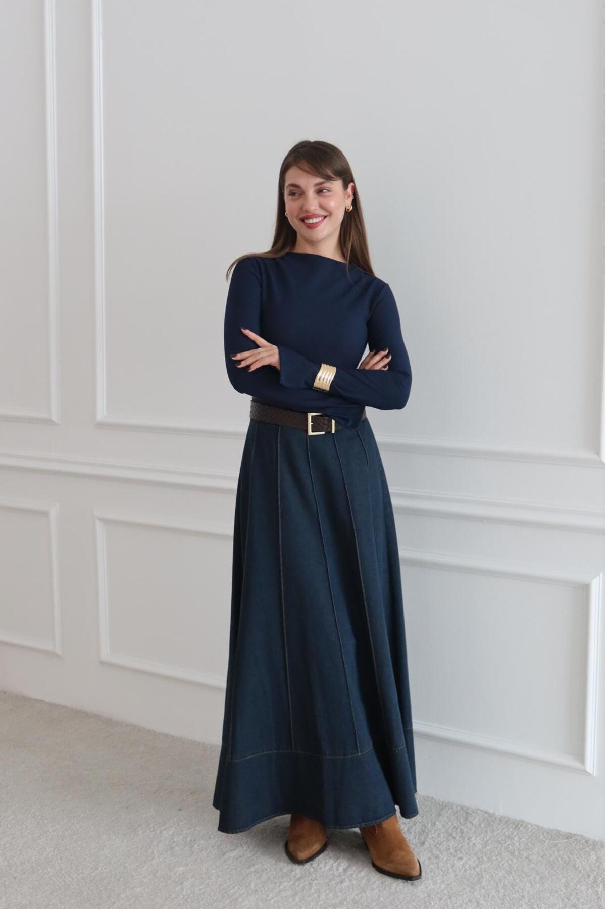 RUVA BUTİK  ÇIMA DETAYLI BELİ LASTİKLİ DENİM KOT ETEK - Görsel 2