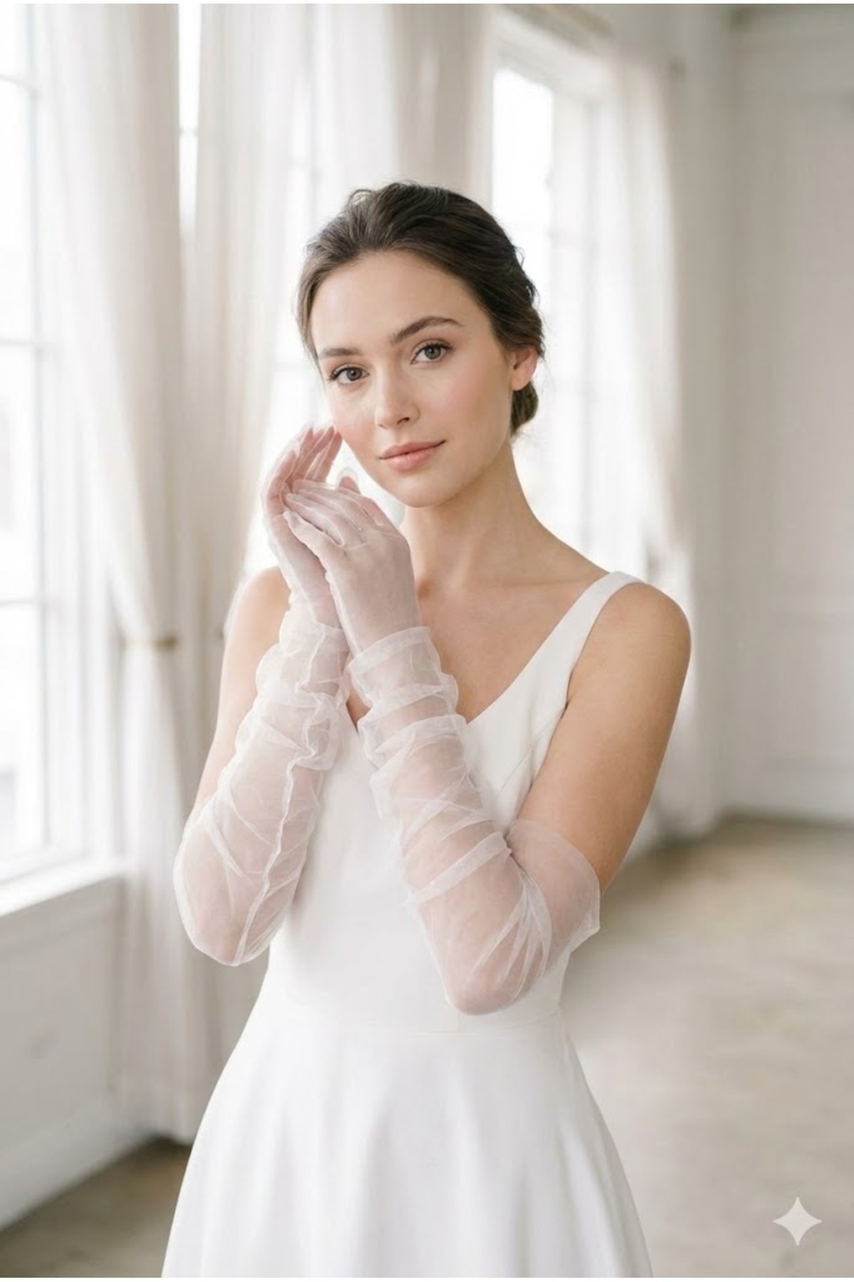 Silk Aura Draped White Long Tulle Gloves | Elegant and Modern Couture Custom Design