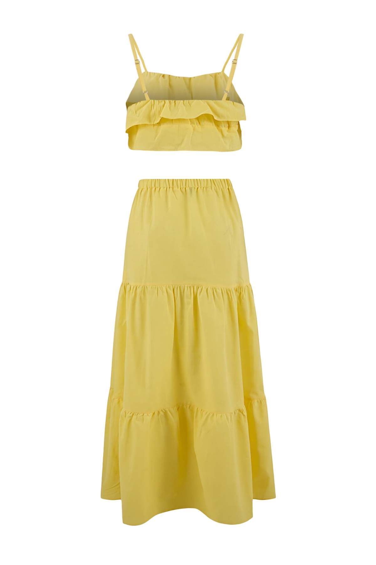 Trendyolmilla  Sarı Dokuma Fırfır Detaylı Maxi Boy Crop 100% Pamuk Plaj Bluz Etek Takım TBESS26AU00010 - Görsel 6