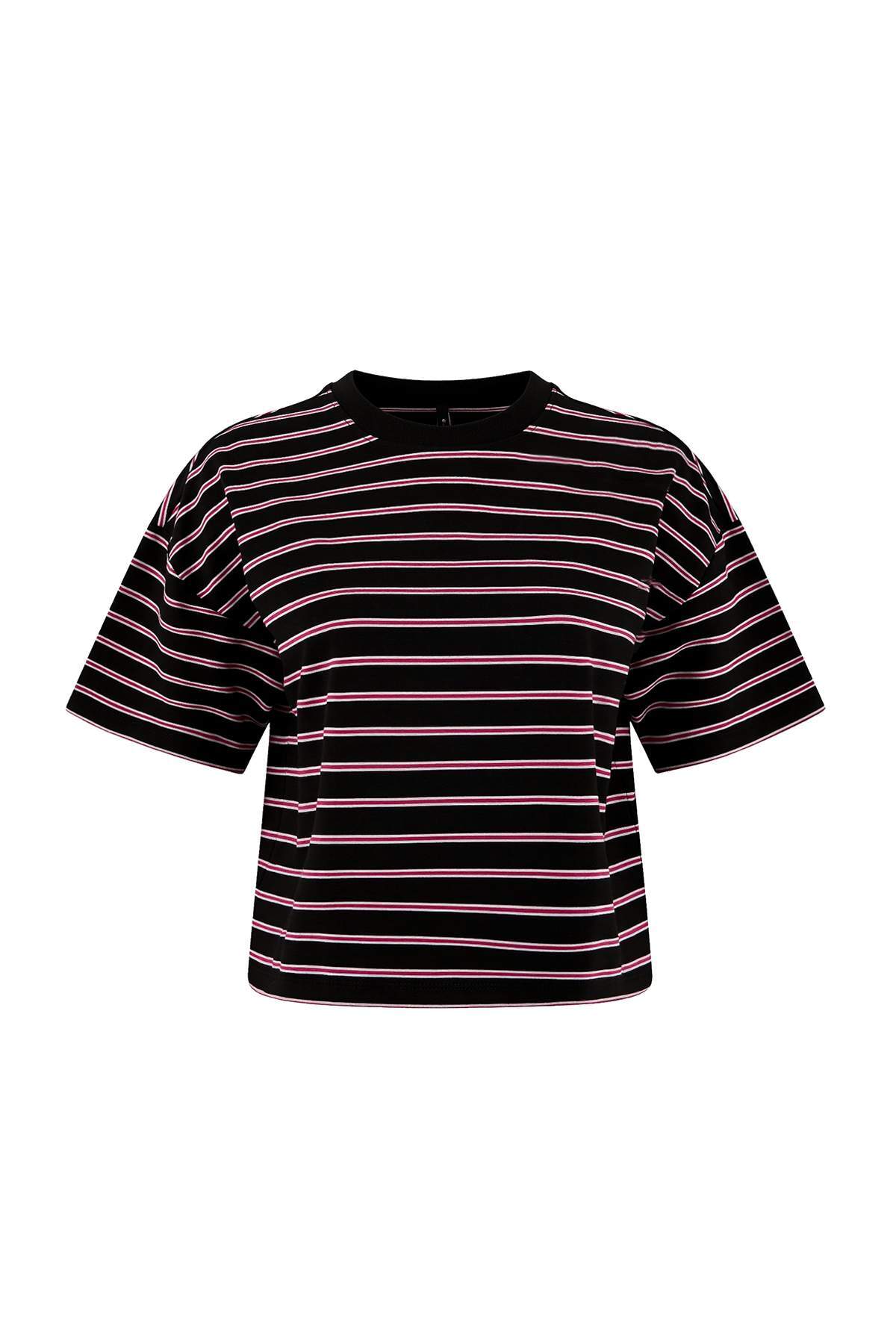 Trendyolmilla  Teen Çok Renkli Çizgili Boxy/Relaxed Kalıp Kısa Kollu Pamuk Karışımlı Örme T-Shirt TWOSS26TS00048 - Görsel 5