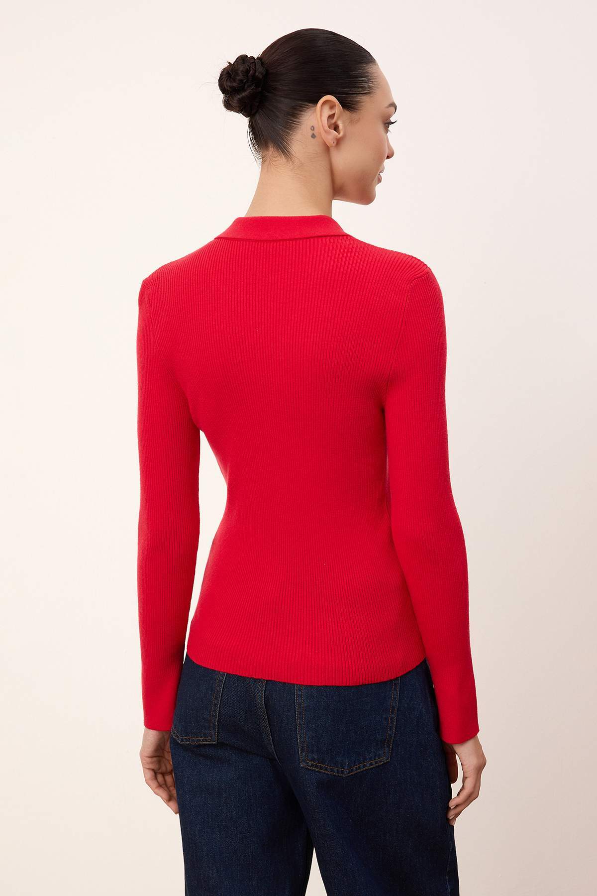 Trendyolmilla  Wardrobe Essentials Kırmızı Premium İplik Polo Yaka Triko Hırka | TWOAW26HI00225 - Görsel 4