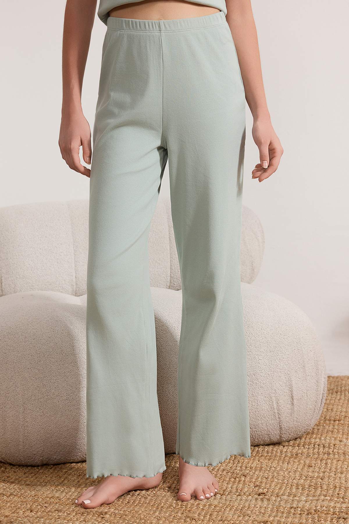 Trendyolmilla  Mint %100 Pamuklu Baby Overloklu Fitilli Hırkalı Örme Pijama Takımı THMSS26PT00028 - Görsel 3