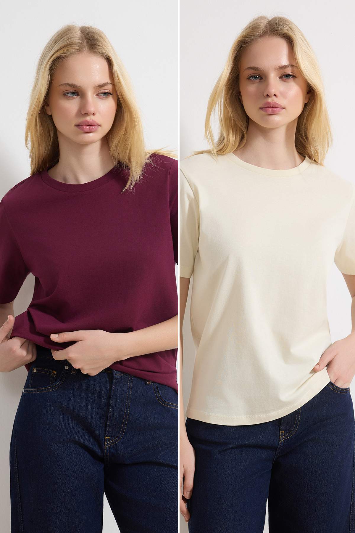 Trendyolmilla  Mürdüm-Taş %100 Pamuk Bisiklet Yaka 2'li Paket Örme T-Shirt TWOSS20TS0141