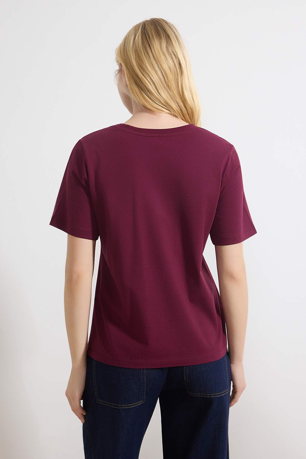 Trendyolmilla  Mürdüm-Taş %100 Pamuk Bisiklet Yaka 2'li Paket Örme T-Shirt TWOSS20TS0141 - Görsel 5