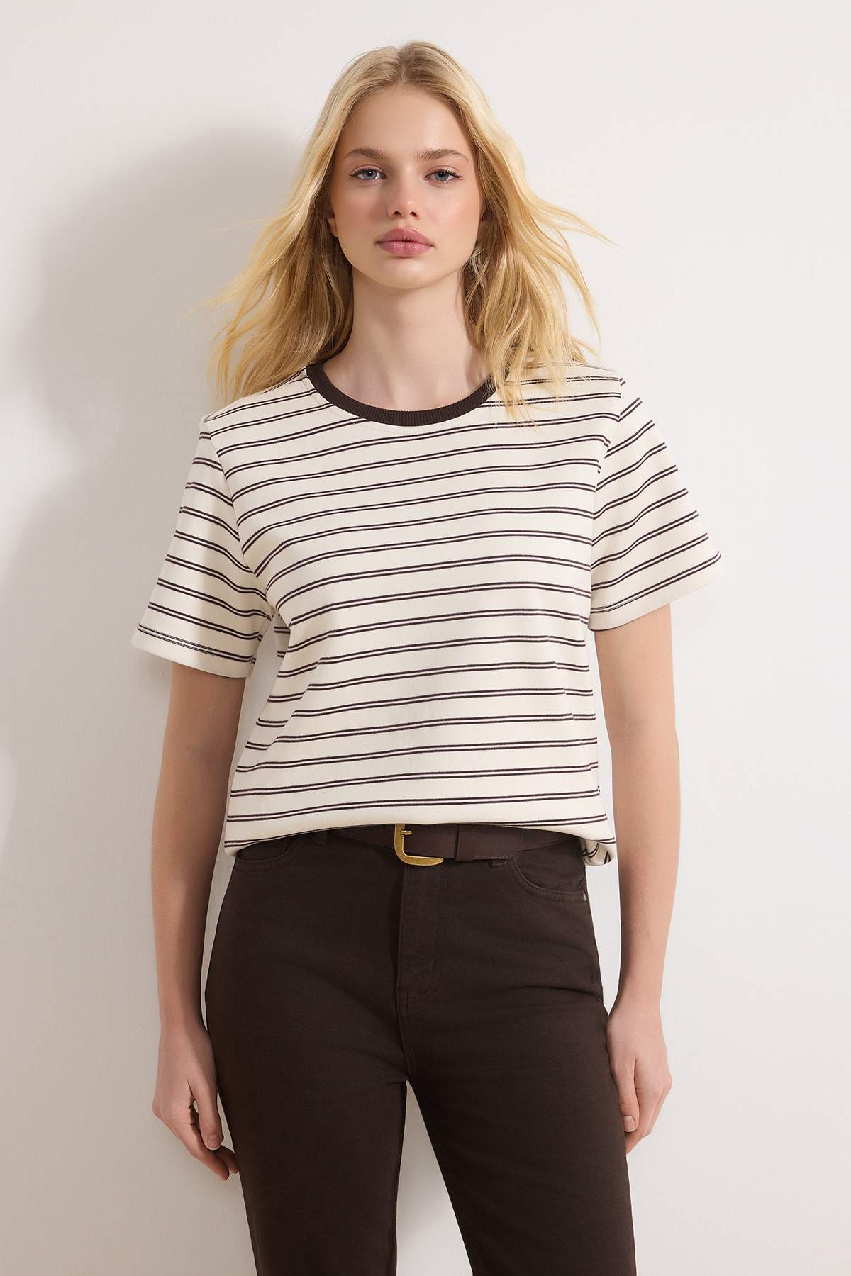 Trendyolmilla  Kahverengi Çizgili Regular/Normal Kalıp Kısa Kollu Tok İnterlok Örme T-Shirt TWOSS26TS00067