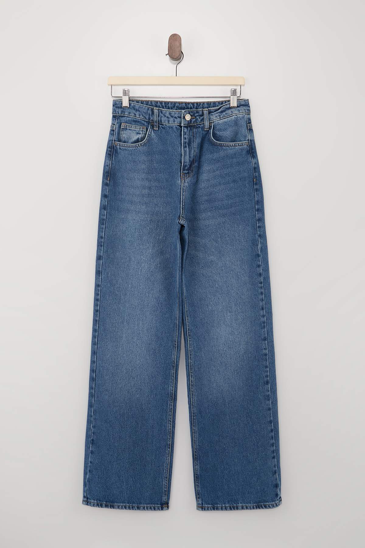 Trendyolmilla  Mavi Yüksek Bel %100 Pamuk Geniş Paça Wide Leg Jeans TWOSS26JE00130 - Görsel 5