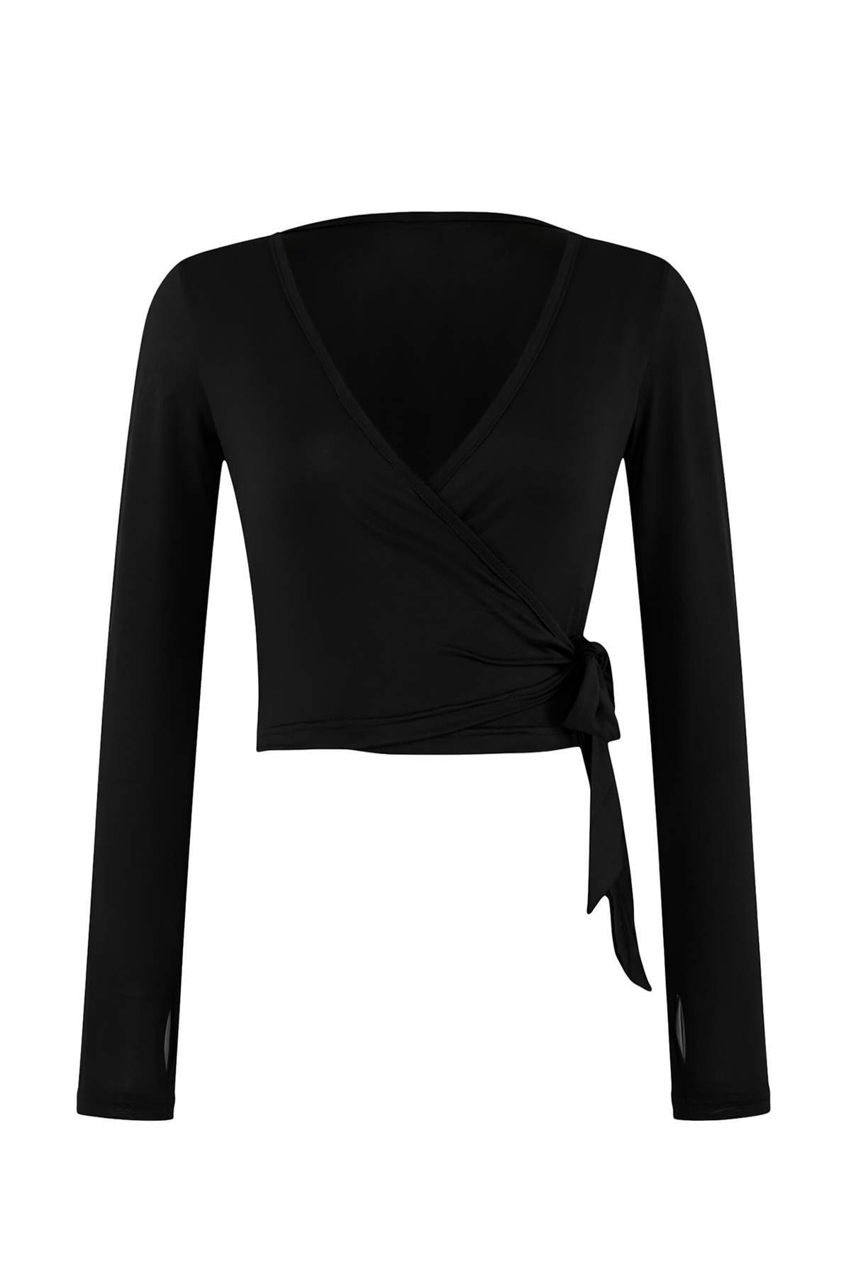 Trendyolmilla  Siyah Micro Bağlamalı Kruvaze Crop Örme Spor Bluz/Bolero THMSS26BZ00002 - Görsel 5