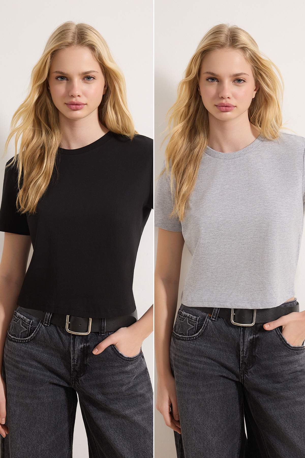 Trendyolmilla  Gri Melanj-Siyah 2'li Paket %100 Pamuk Crop Bisiklet Yaka Örme T-Shirt TWOSS20TS1480