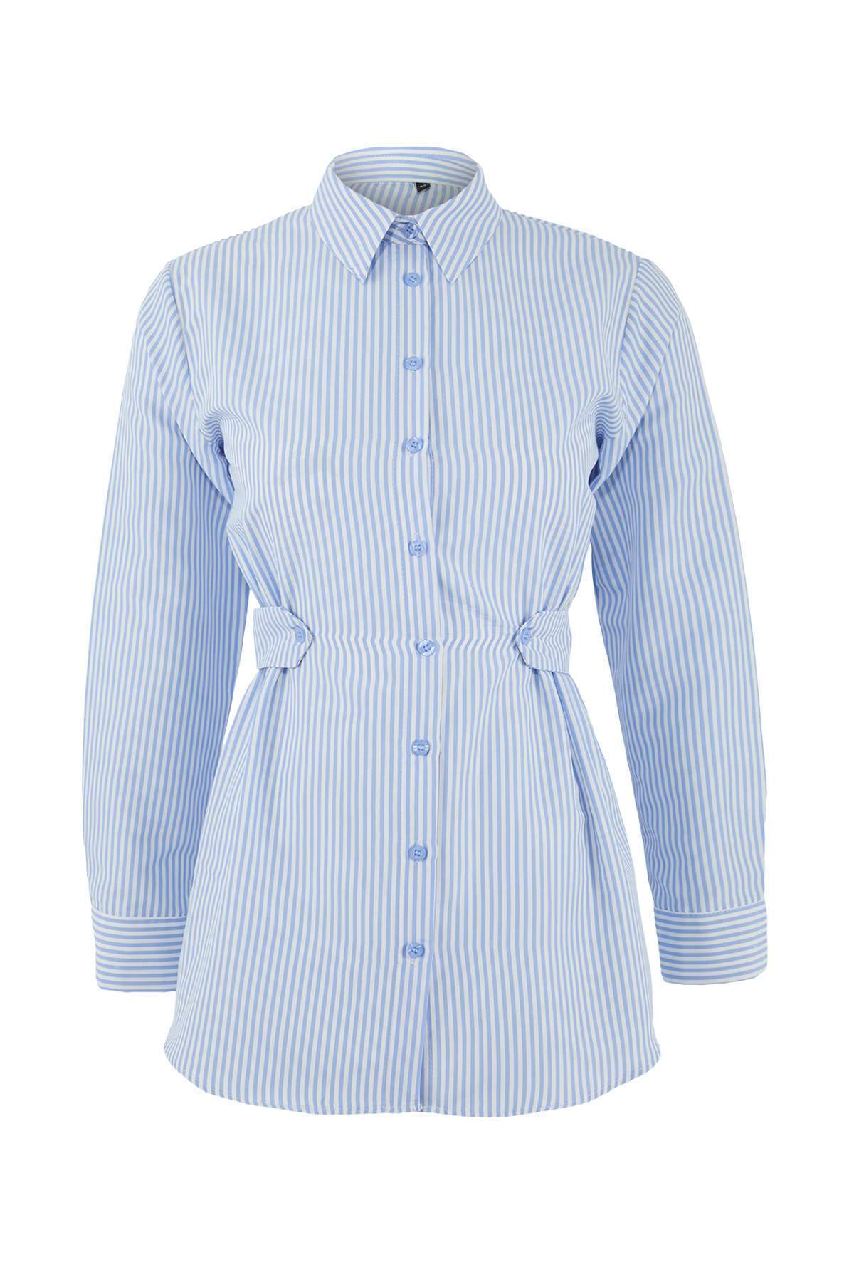 Trendyol Modest Blaues, eng anliegendes, einfarbig gewebtes Hijab-Hemd aus Fr...