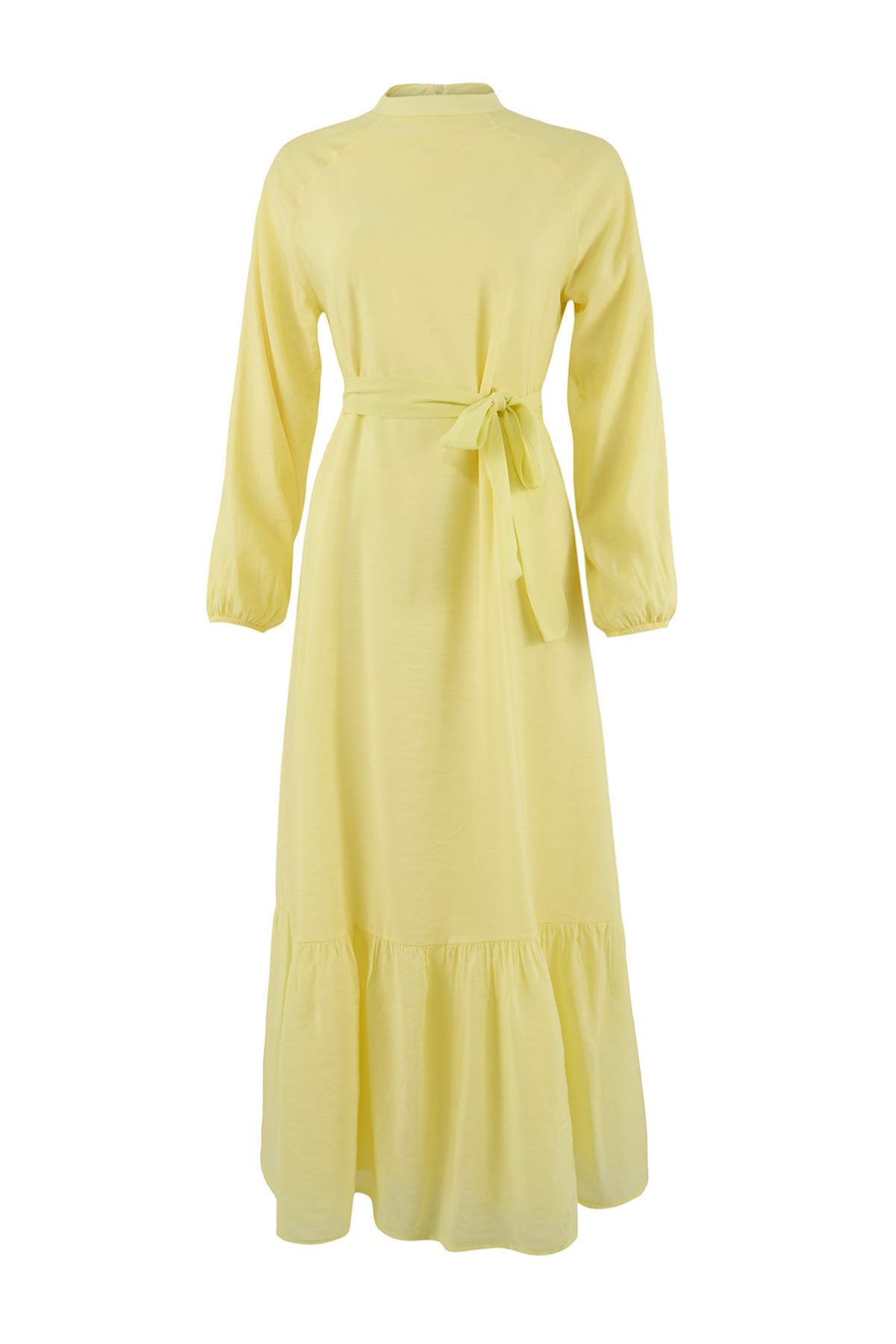 Trendyolmilla Modest Açık Sarı İpek Viskoz Kumaş Maxi Kuşaklı Dokuma Tesettür Elbise TCTSS26EB00037