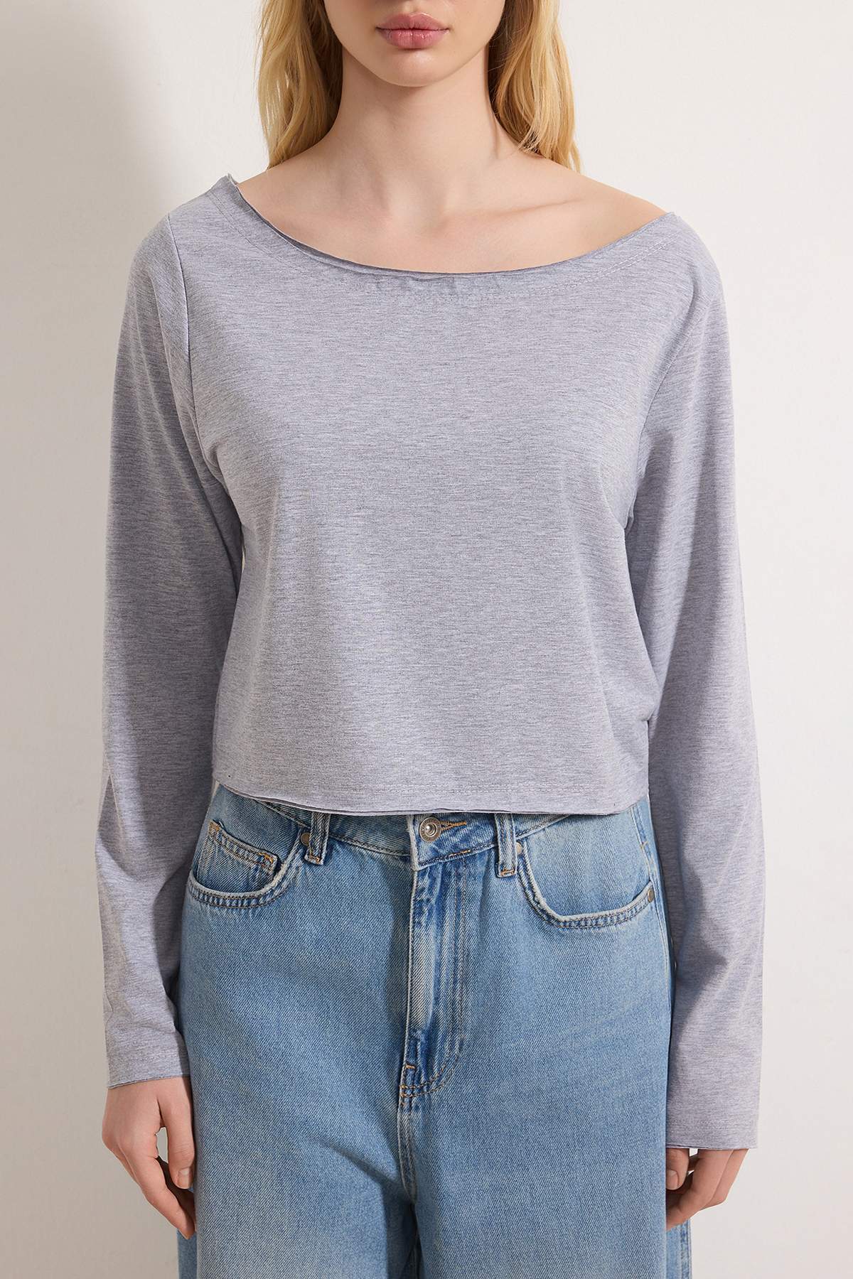 Trendyolmilla  Teen Lacivert-Gri Melanj %100 Pamuk Açık Omuzlu Yaka Rahat Kesim Örme T-Shirt TWOAW26TS00016 - Görsel 8