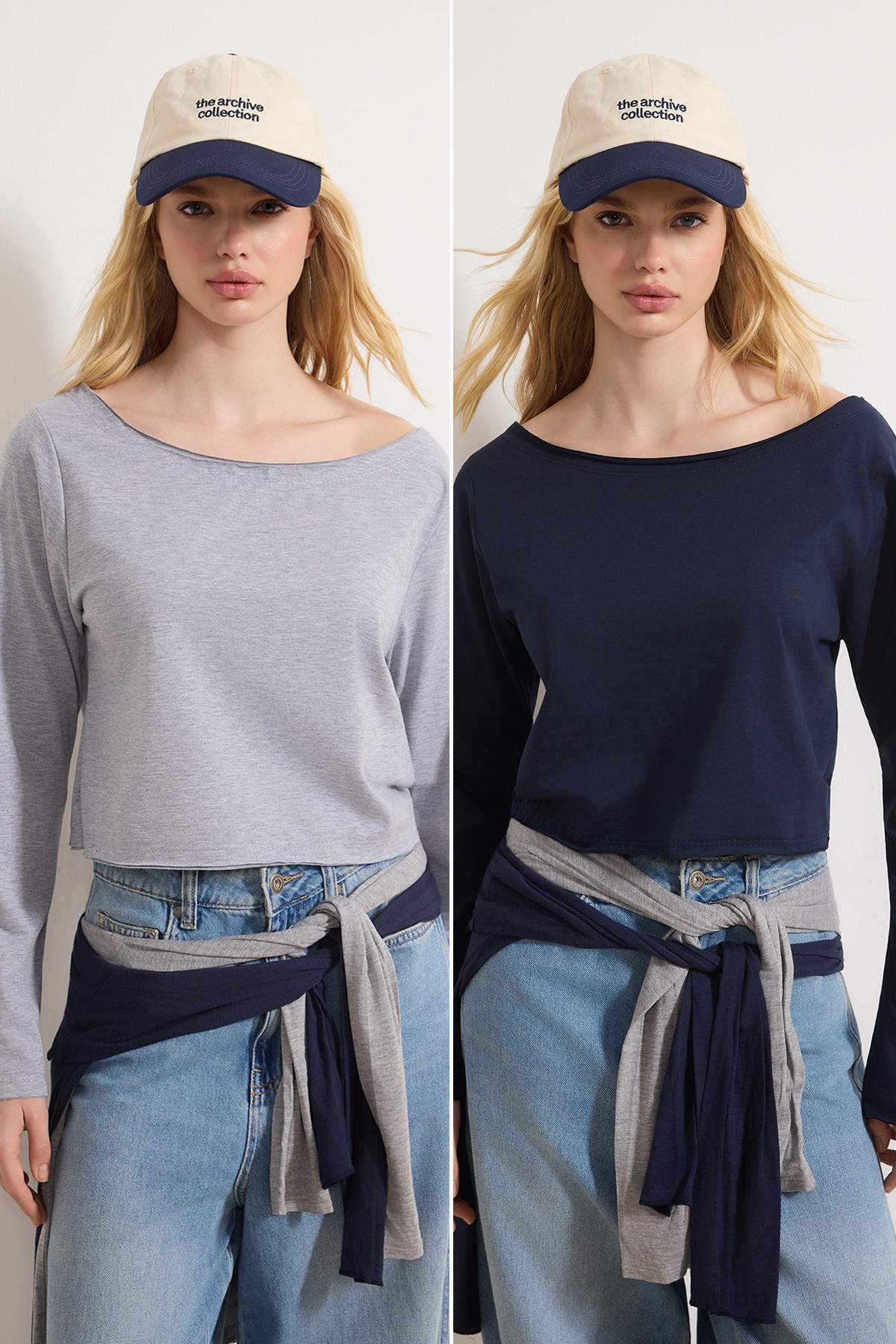 Trendyolmilla  Teen Lacivert-Gri Melanj %100 Pamuk Açık Omuzlu Yaka Rahat Kesim Örme T-Shirt TWOAW26TS00016 - Görsel 2