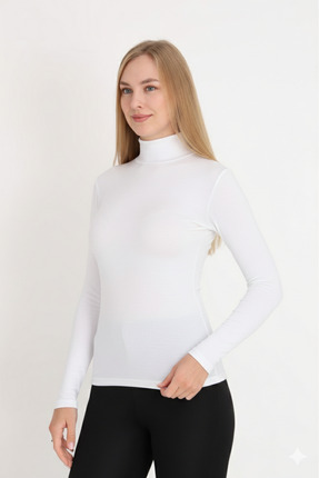 MissKATRE Kadın Uzun Kol Boğazlı Balıkçı Yaka Beyaz Badi