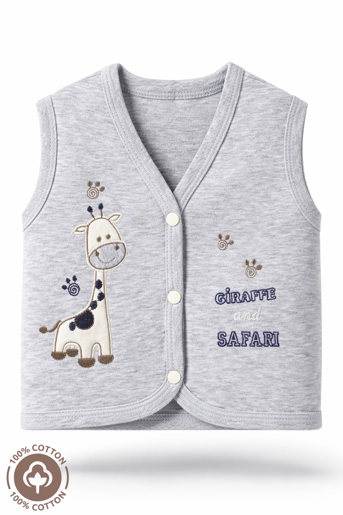 Miniel Erkek Bebek Zürafa Nakışlı Organik Pamuklu 3-6-9 Ay 2li Penye Bebek Yelek - Gri fotoğrafı 2 (önizleme)