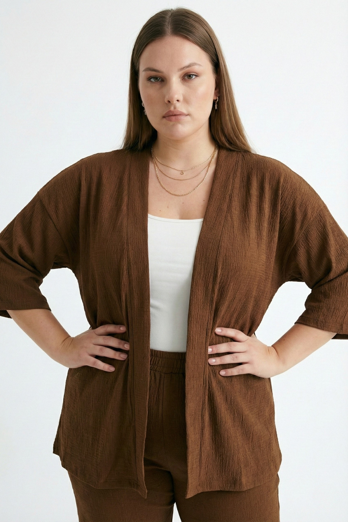 Talvien  Büyük Beden Kimono Hırkalı 2’li Takım – Bürümcük Kumaş Oversize Şık Set - Görsel 3