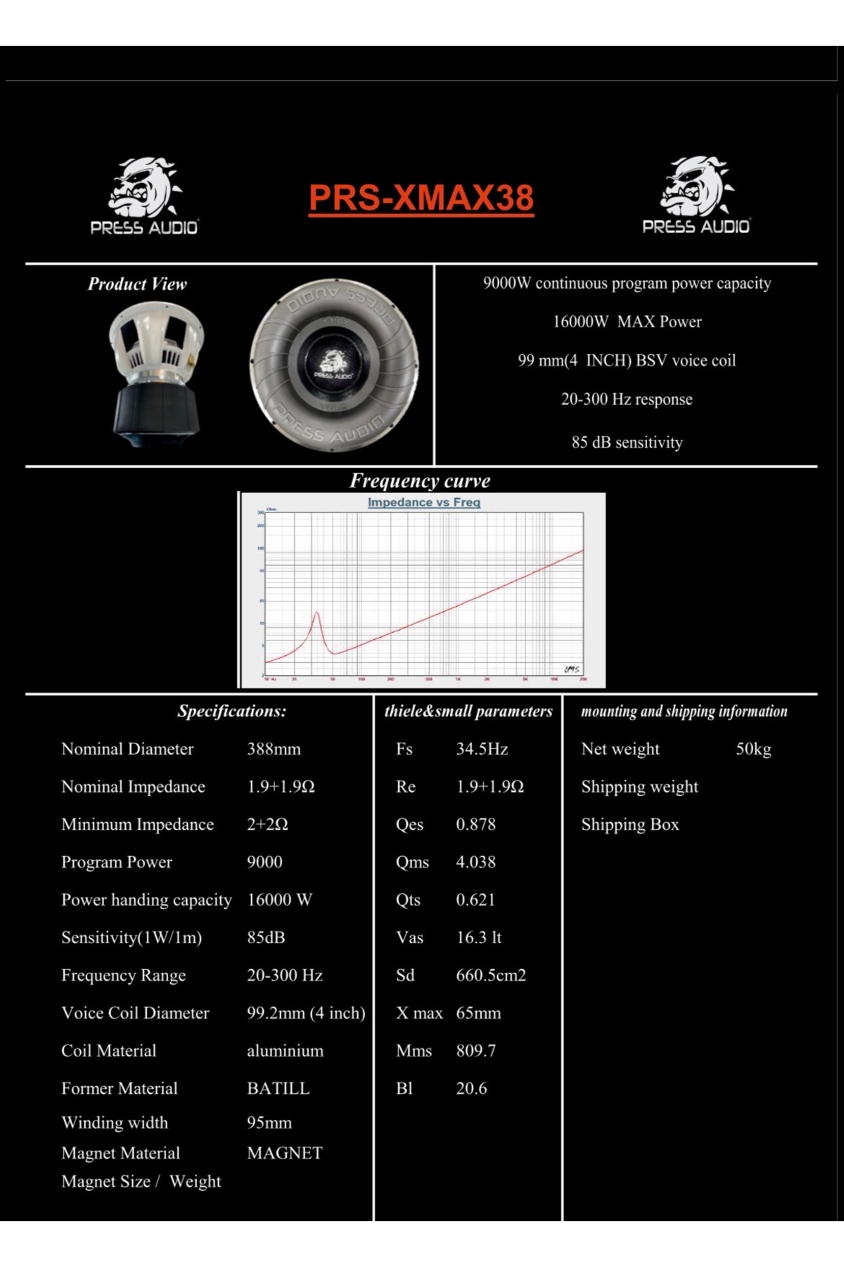 PRESS AUDİO 38 CM SPL SUBWOOFER XMAX 9000 RMS YASSI ALÜMİNYUM