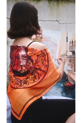 Mibi Design Sumi Yelpazeli Kadın Desenli Sarı İpeksi Saten Şal Fular 90 cm