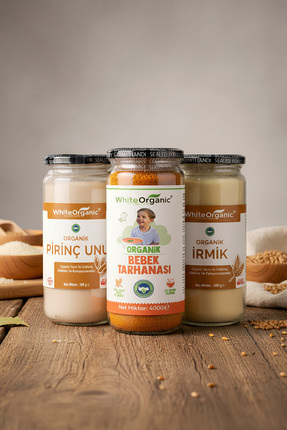 White Organic Bebek Tarhanası Bebek Irmiği Pirinç Unu Ek Gıda Seti Organik Se...