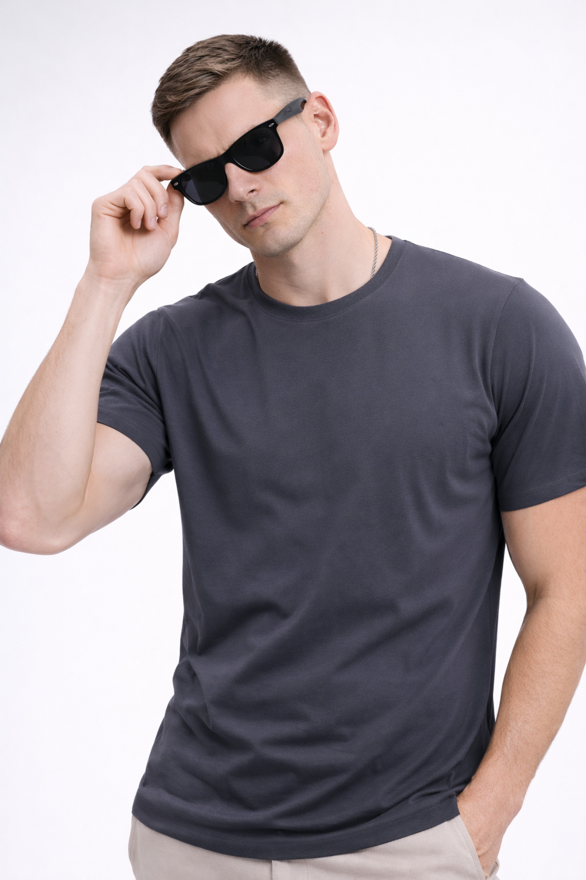 freemen  Erkek Siyah-Beyaz-Lacivert-Antrasit-Bej Normal Kalıp Bisiklet Yaka %100 Pamuk 5’li Basic Tişört Seti - Görsel 4