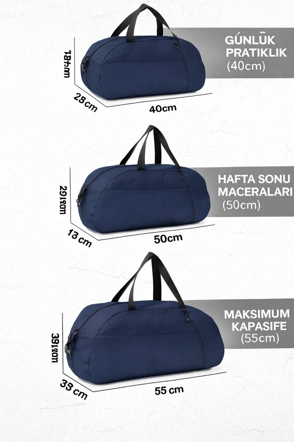 KAFF  3'lü Set D Lacivert valiz Önü Cepli Ayarlanabilir Omuz Askılı El Seyahat Spor Çantası - Görsel 6