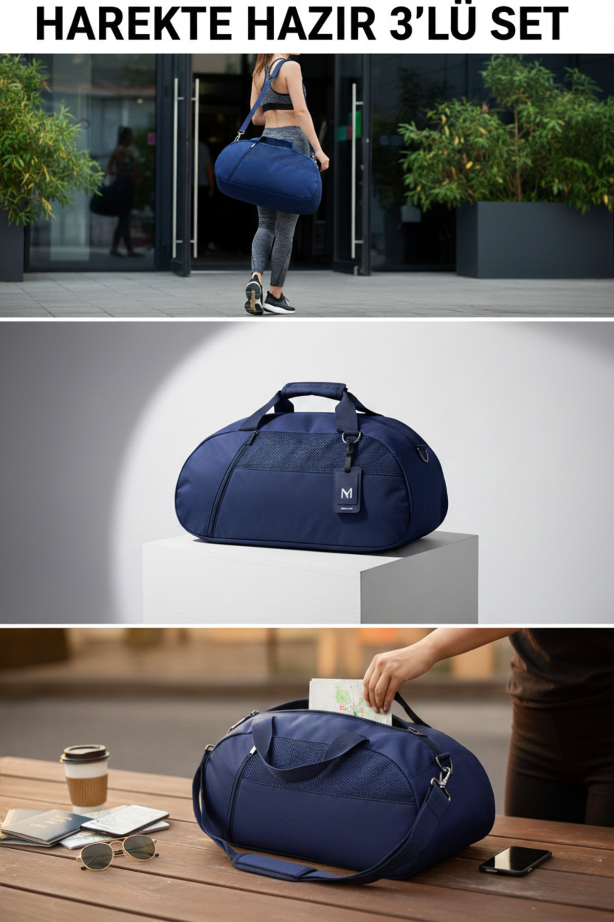KAFF  3'lü Set D Lacivert valiz Önü Cepli Ayarlanabilir Omuz Askılı El Seyahat Spor Çantası - Görsel 8