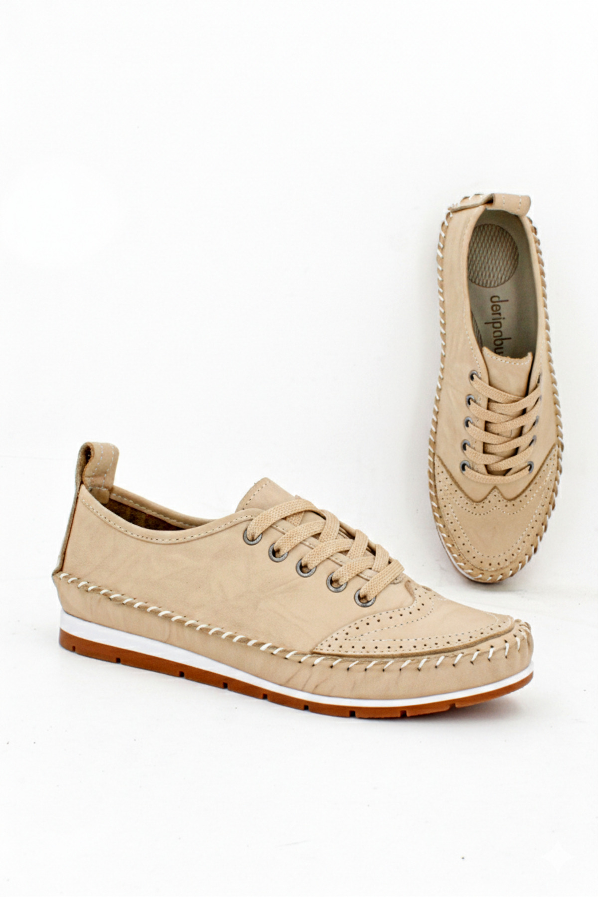 Deripabuc  Hakiki Deri Yeni Bej Kadın Deri Babet Dp16-0061