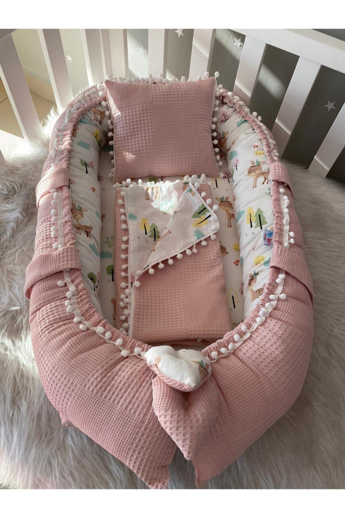 Jaju Baby Babynest Pudra Waffle Pike Kumaş Ceylan Tasarım Ponponlu 3'lü Jaju-babynest Set fotoğrafı 2 (önizleme)