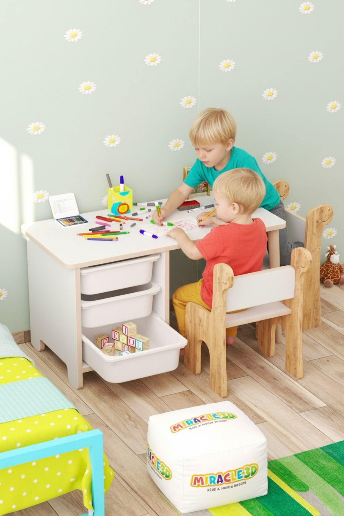 Children's Table ChairSet-3 Children's Desk with Basket Activity Table Summer-delete double Dino Chair