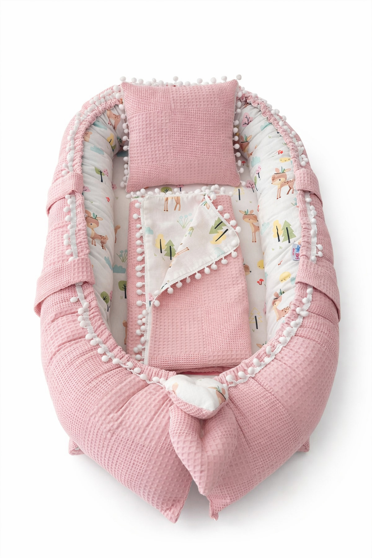 Jaju Baby Babynest Pudra Waffle Pike Kumaş Ceylan Tasarım Ponponlu 3'lü Jaju-babynest Set fotoğrafı 4 (önizleme)
