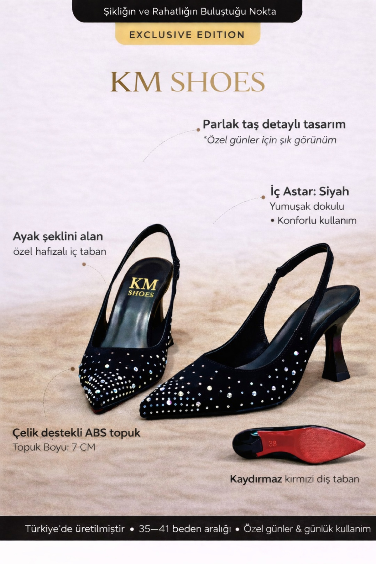SM SHOES  ✨ Siyah Taşlı İnce Topuklu Slingback Ayakkabı – Zarif ve Şık Gece Stili ✨ - Görsel 3