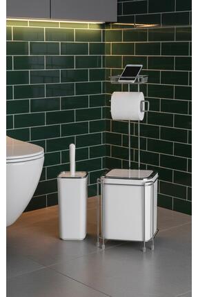 Store HGY Home Kare Yedekli Standlı Beyaz Krom Çöp kovası ve Wc Fırçalık Seti