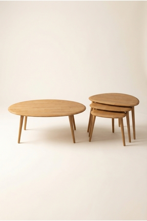 Fawdecor Açık Meşe Doğal Masif Ahşap Asimetrik Orta Sehpa ve 3’lü Zigon Sehpa...