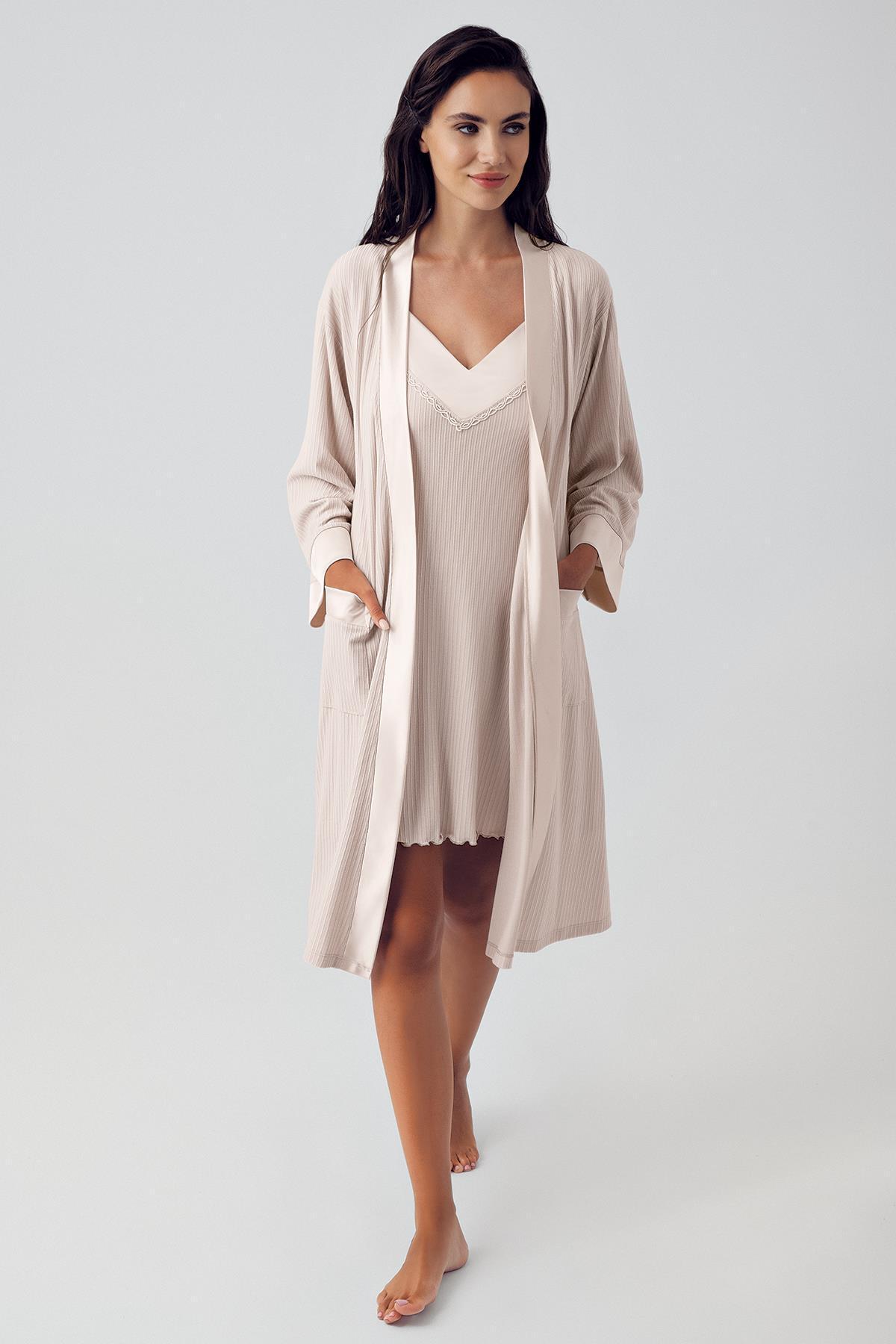 Artış Kadın Esnek Viskon Kısa Askılı Sabahlık Gecelik Takım