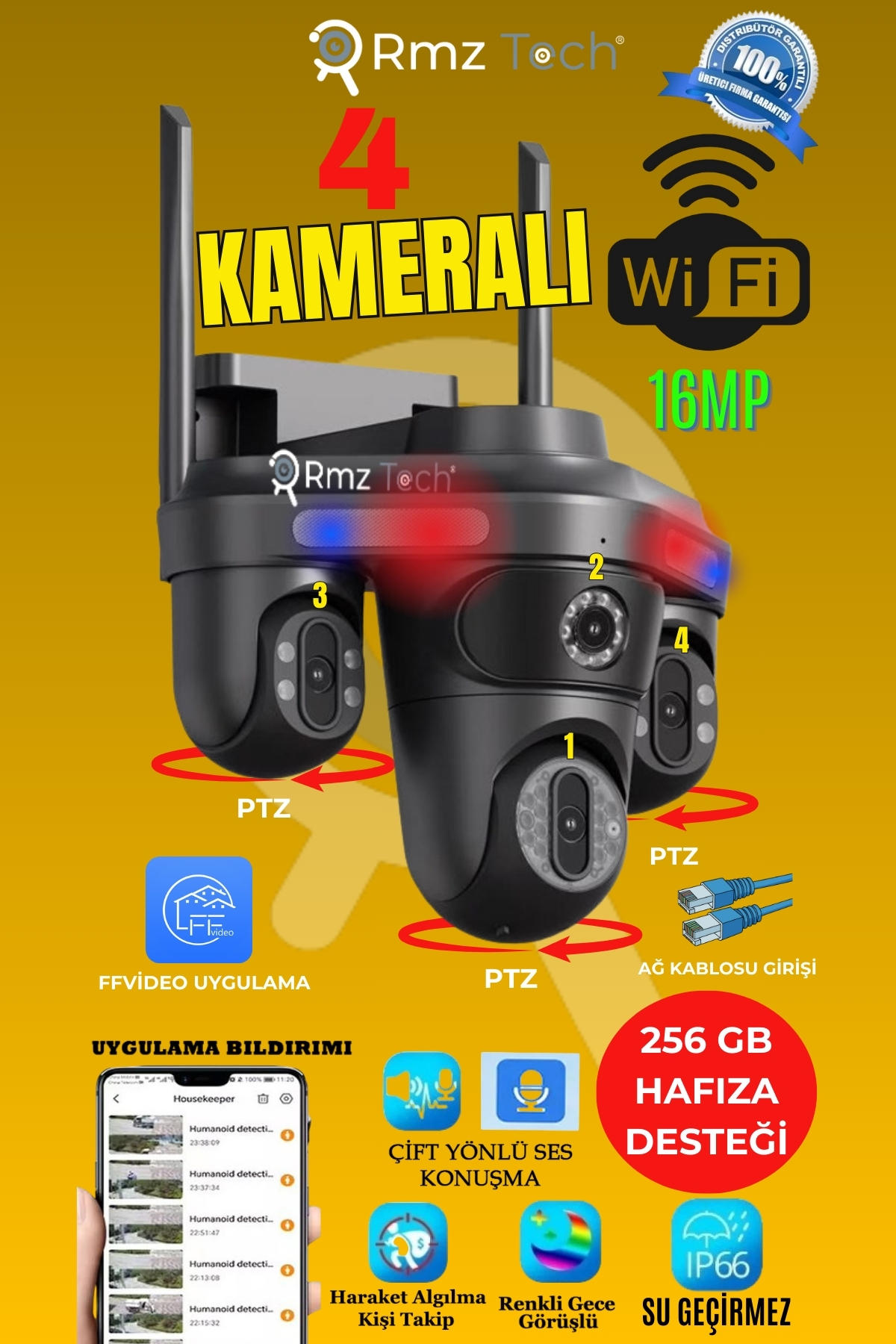 RMZTECH AVENİR S316 4 Kameralı 16MP 3 PTZ Dönebilen Wifi Sesli