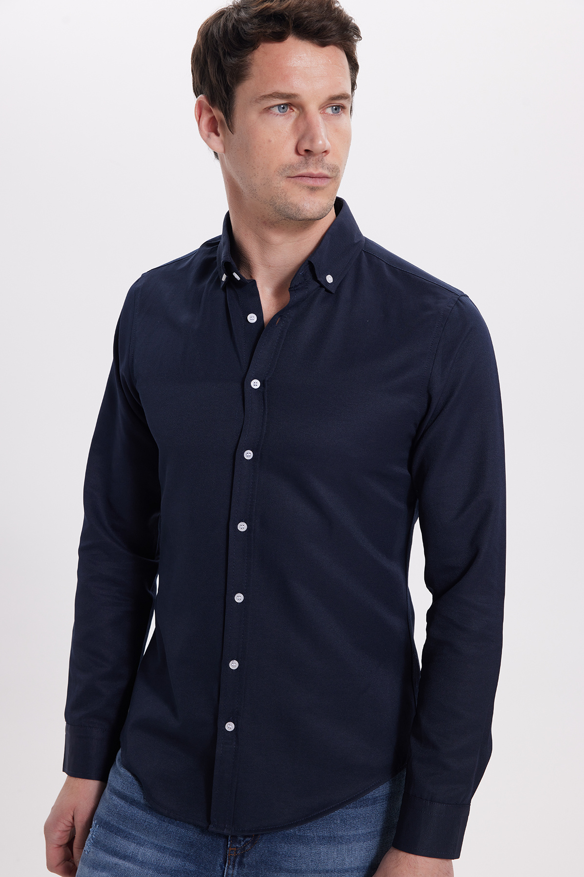 Tudors  Slim Fit Uzun Kollu Düğmeli Yaka Pamuklu Kolay Ütü Düz Erkek Gömlek - Görsel 7