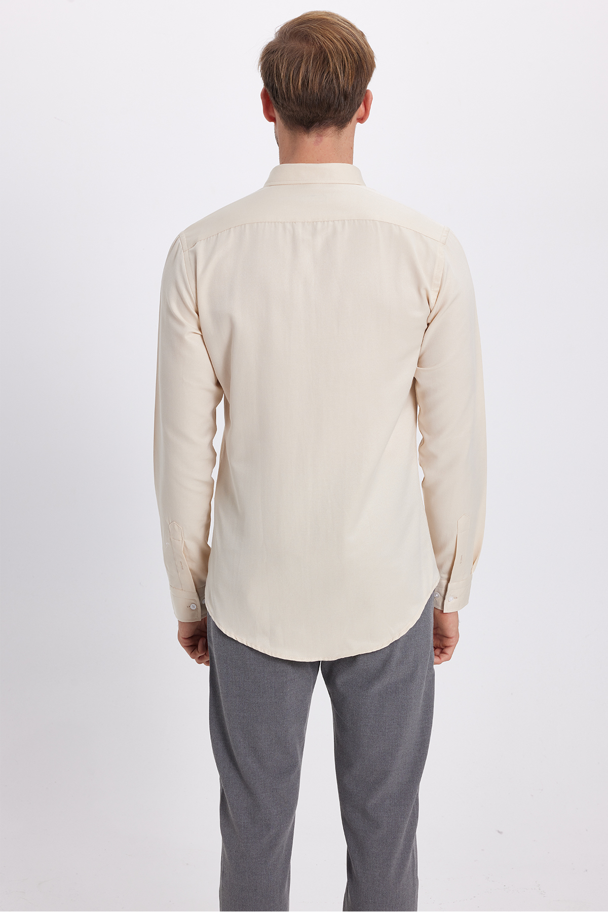 Tudors  Erkek Slim Fit Dar Kesim Pamuklu Kolay Ütü Krem Düğmeli Yaka Gömlek - Görsel 7