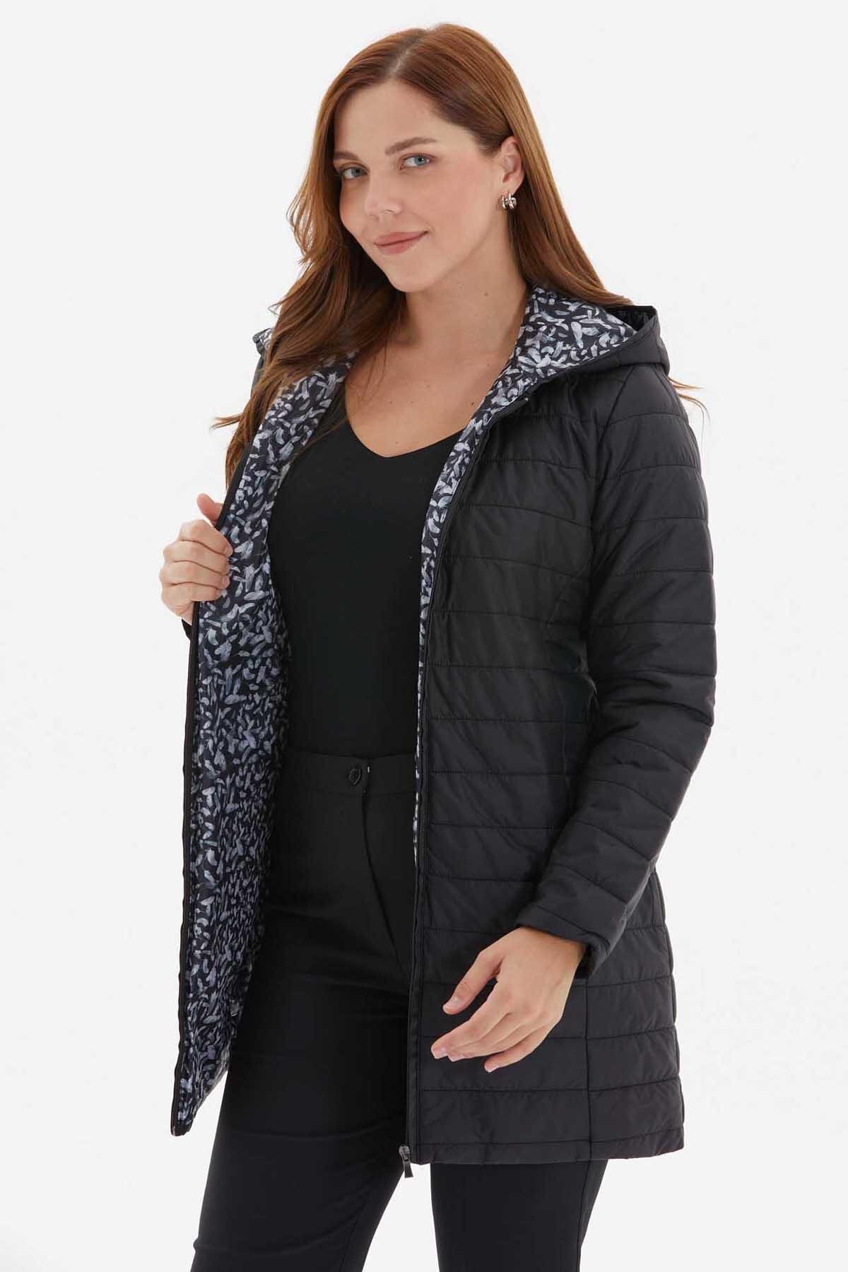 Selen Giyim  Kapüşonlu Desenli Astarlı Kapitone Mont / SİYAH - Görsel 6