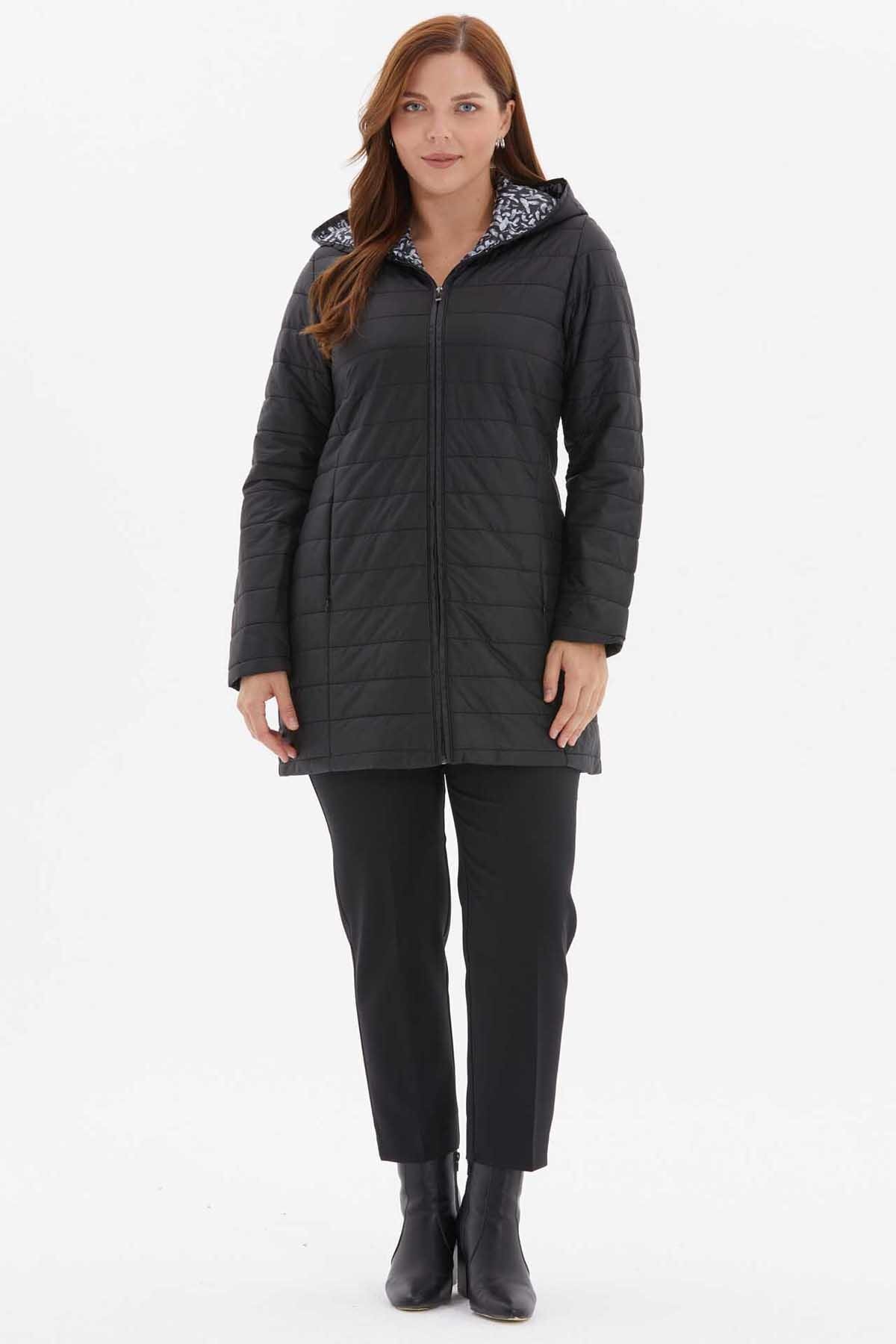 Selen Giyim  Kapüşonlu Desenli Astarlı Kapitone Mont / SİYAH - Görsel 3