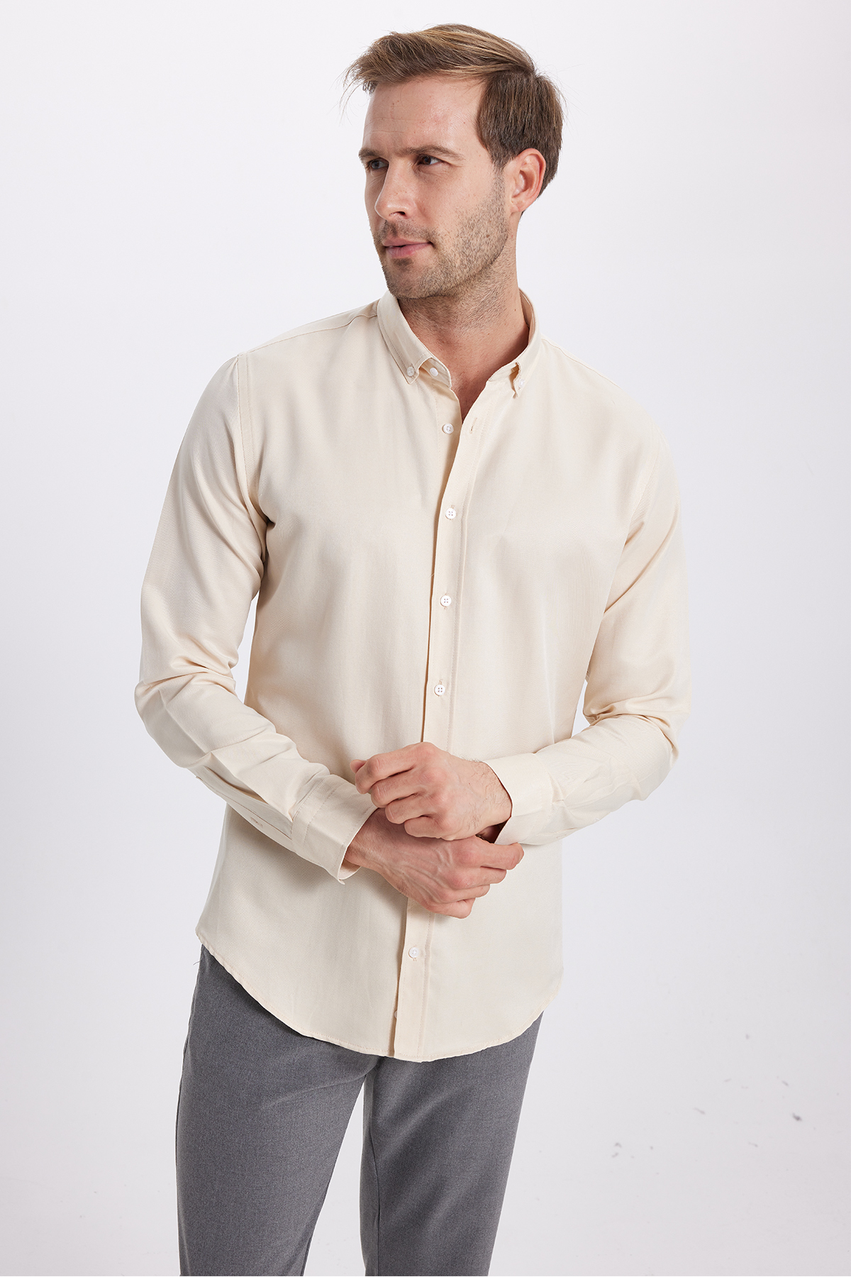 Tudors  Erkek Slim Fit Dar Kesim Pamuklu Kolay Ütü Krem Düğmeli Yaka Gömlek - Görsel 2