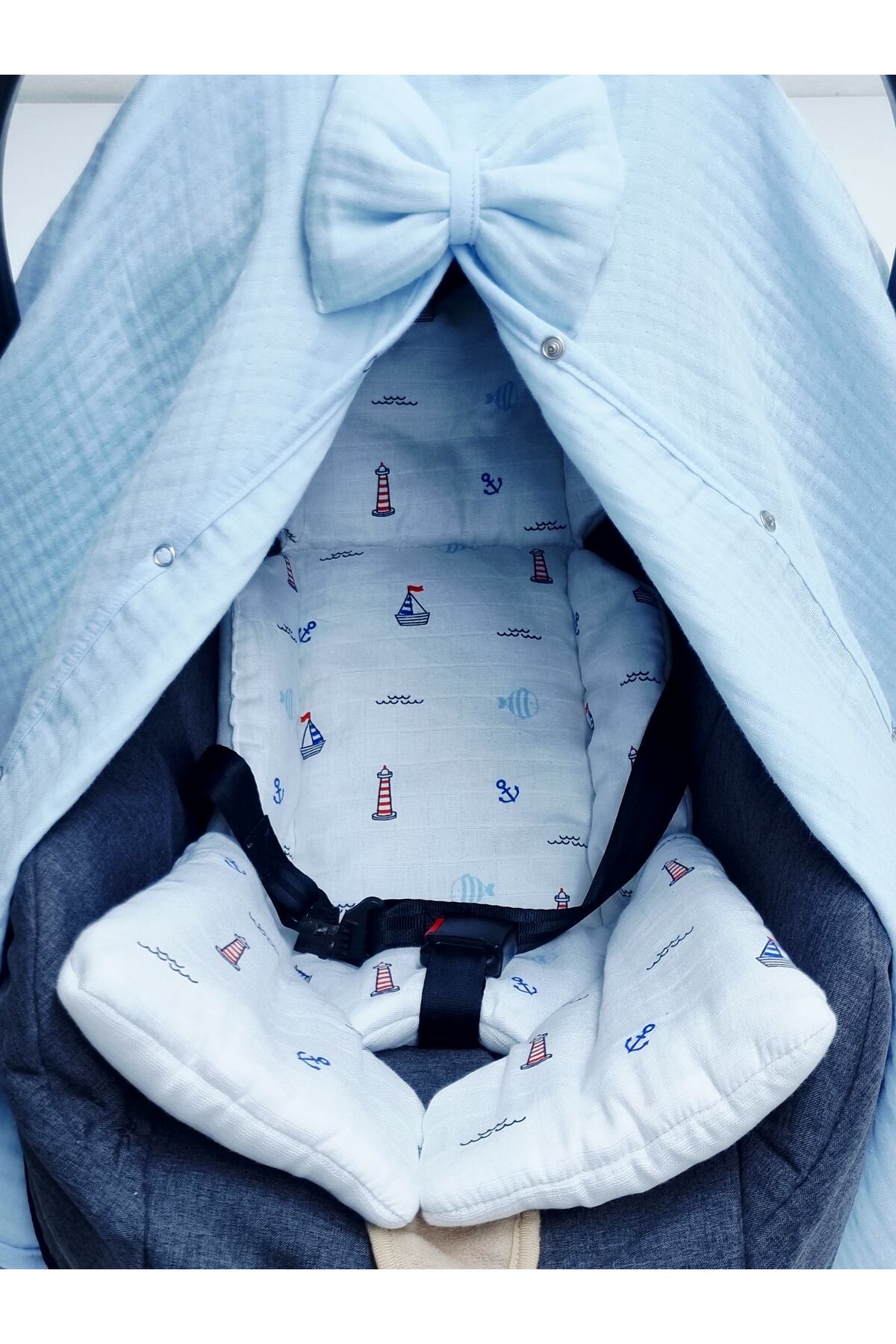 Yada Baby %100 Organik Pamuklu Kumaştan Müslin Dört Kat Bürümcük Minderli Puset Örtüsü Seti fotoğrafı 4 (önizleme)