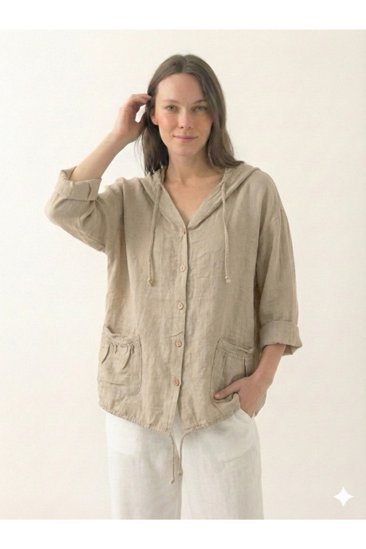 Beige Italian Hooded Buttoned Linen Blouse