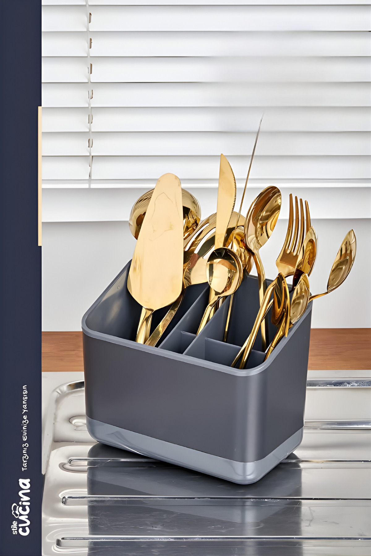 Practical Compartmented Countertop Spoon Fork Knife Drying Anthracite