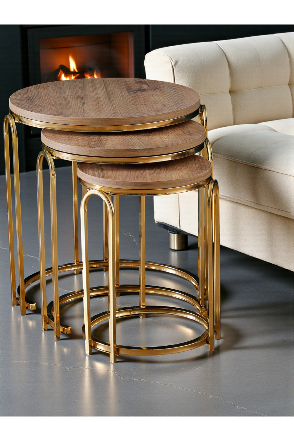 Lenka Zigon Sehpa Takımı Yuvarlak 3'lü Gold Metal - Açık Ceviz sedaş-lenka-zigon-gold