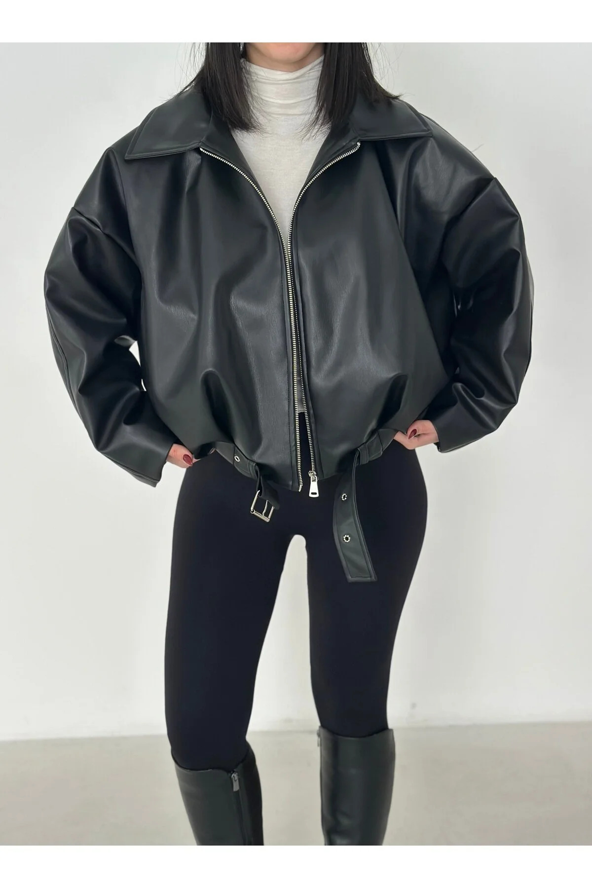 Rowsmen  KADIN Yeni Sezon P&B Oversize Bomber KADIN Deri Ceket Oversize Relax Fit, Fermuarlı Kemer Detaylı