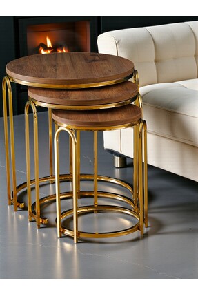 SEDAŞ LIVING UNITS Lenka Zigon Sehpa Takımı Yuvarlak 3'lü Gold Metal -Koyu Ce...