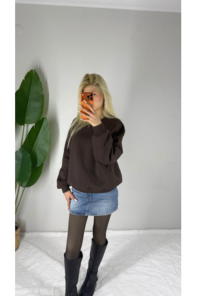 Bella Vita Fashion Oversize Basic 3 İplik Pamuklu Sweatshirt - Acı Kahve